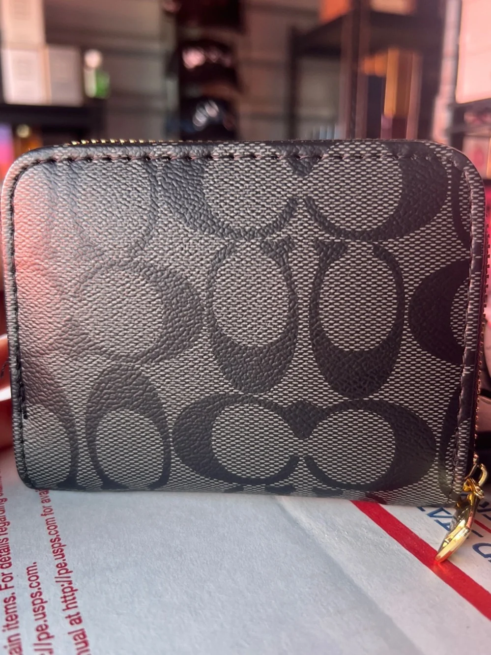 COACH Black Signature Zip Card Holder with Gold Logo